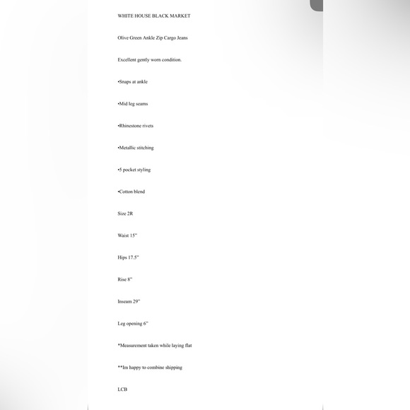 WHBM Olive Green Snap Ankle Jean Blanc 2R - Picture 9 of 9